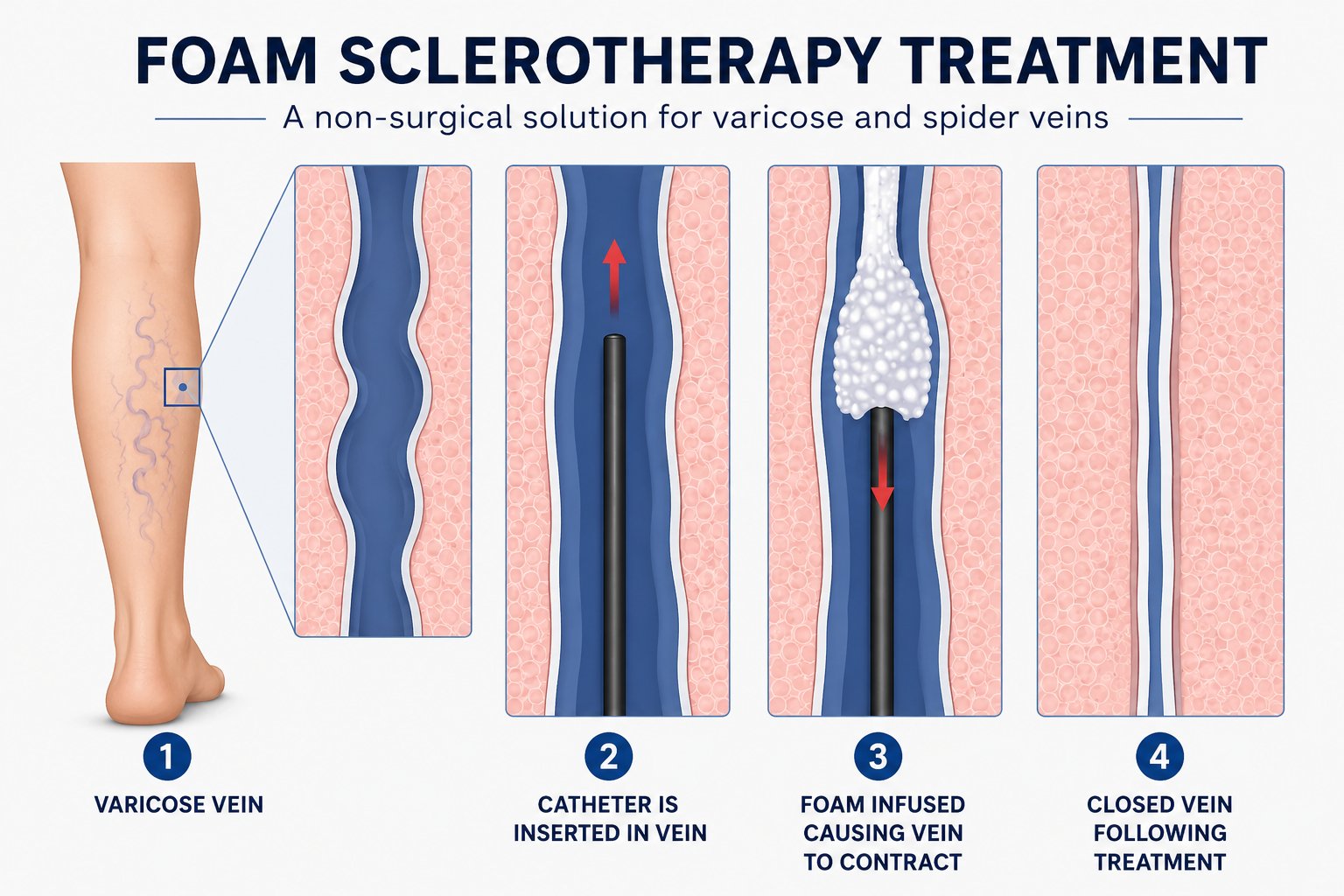 Foam sclerotherapy process steps diagram - vein injection treatment Georgetown TX